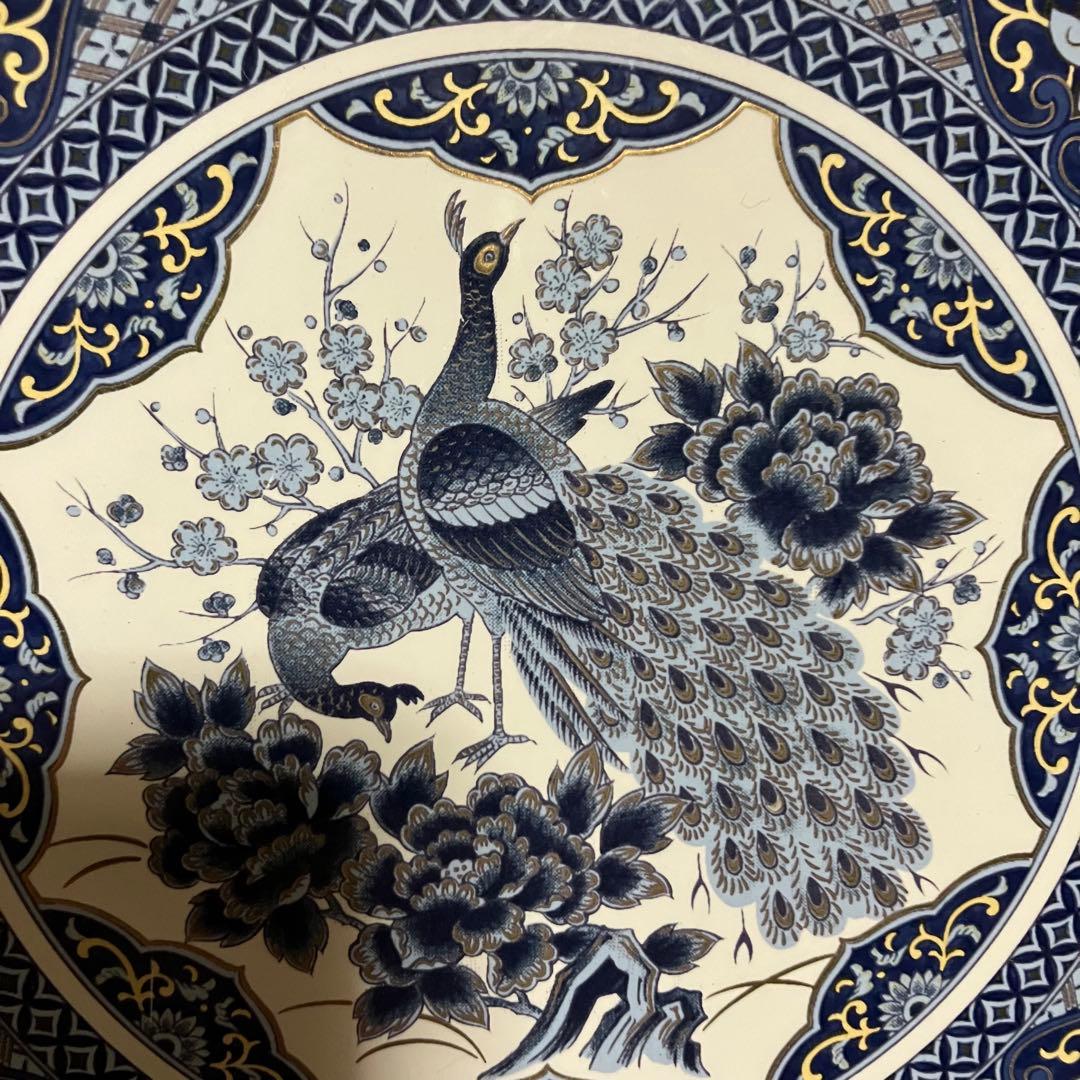 E-壁【美品】有田焼 陶板画 壁掛け 飾り物 孔雀 牡丹 青藍 金彩コルク裏打ち