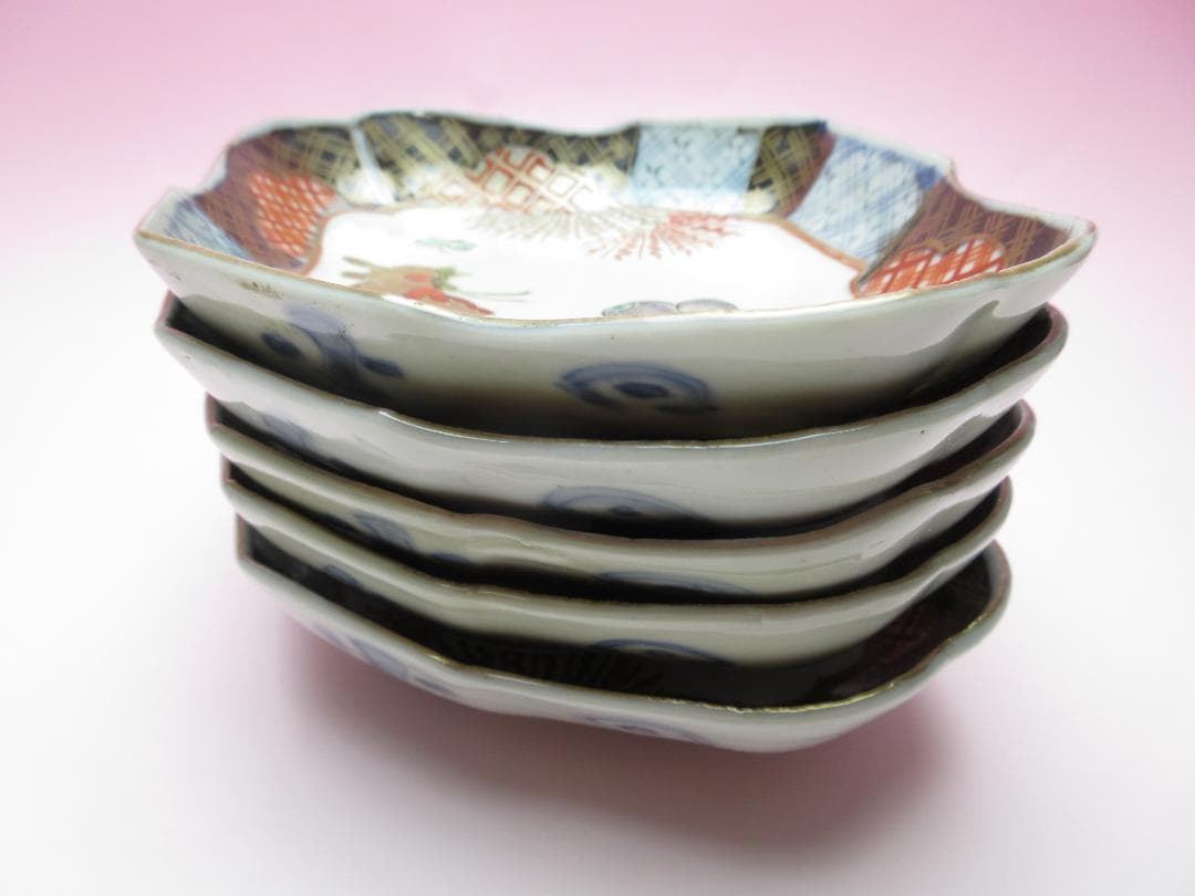 時代 色絵 菱形 蝶紋 刺身皿 向付 5客 アンティーク 古伊万里 70506