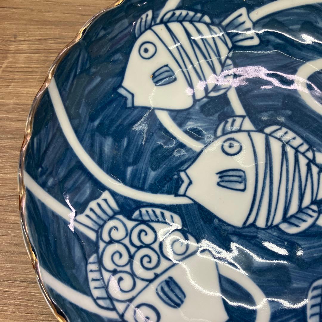 D-4 九谷焼 魚紋 中鉢 小皿 2点セット 青海波 縁起物 和食器 金彩 赤絵