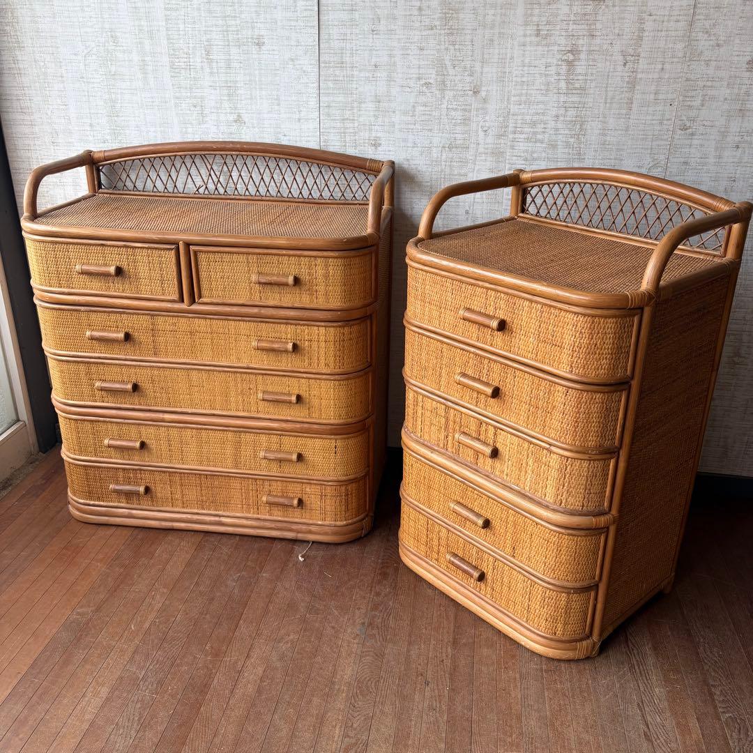昭和レトロ ラタン ワイドチェスト 5段6杯 籐家具 収納棚 アジアン 古家具